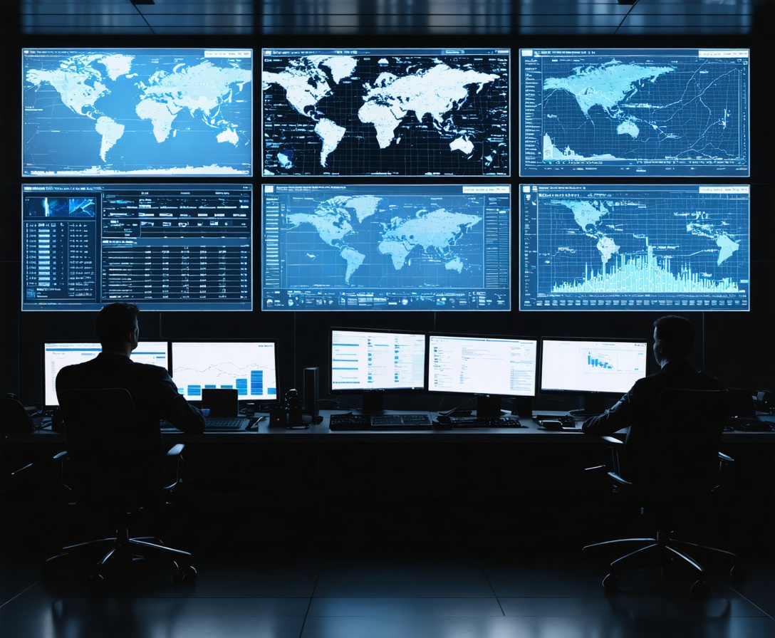 Transport command center with large data visualization screens