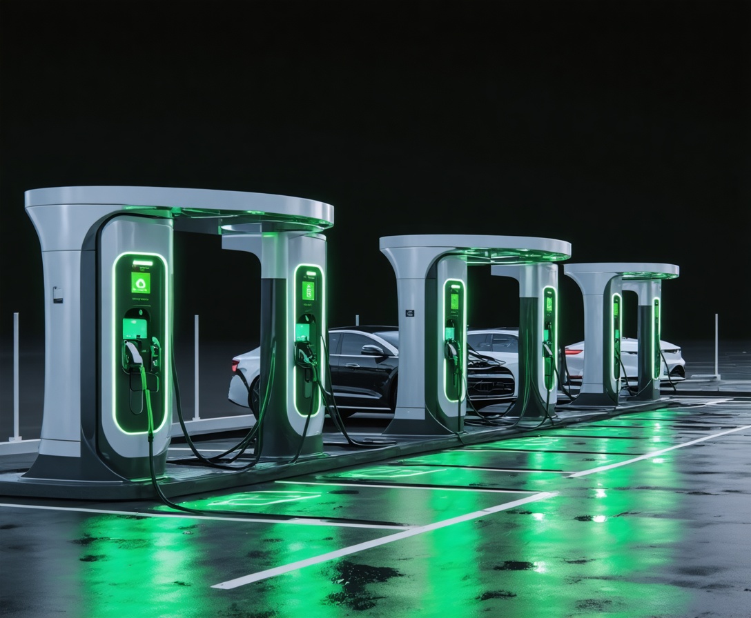 Modern EV charging hub with glowing stalls
