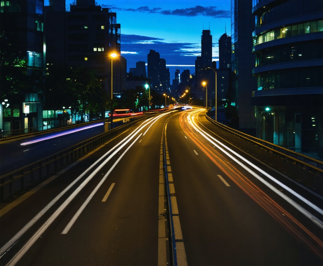 Futuristic city highway at night with light trails