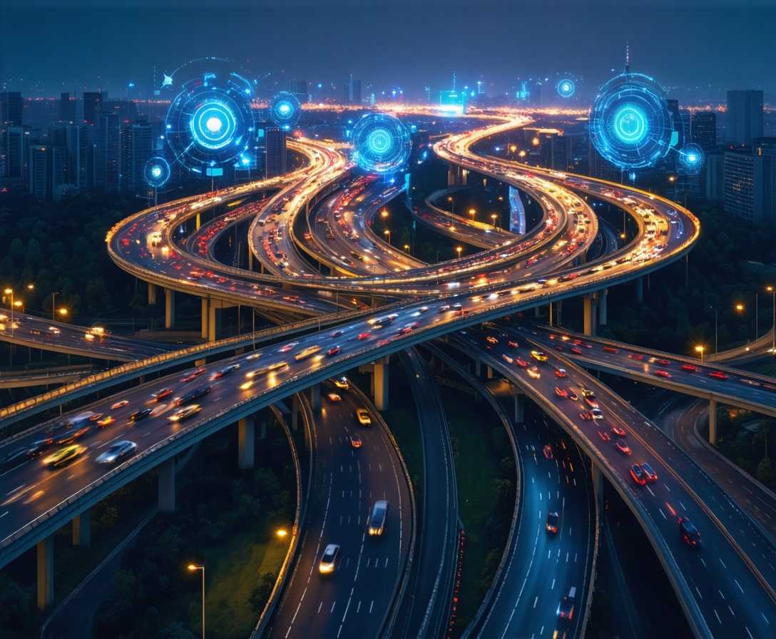 Aerial view of a complex smart highway interchange